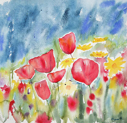 Sky Wall Art featuring the painting Watercolor - Poppies And Sky by Cascade Colors