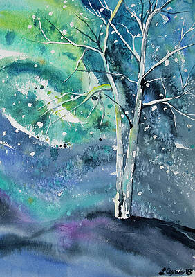 Sky Wall Art featuring the painting Watercolor - Tree On A Winter Night by Cascade Colors