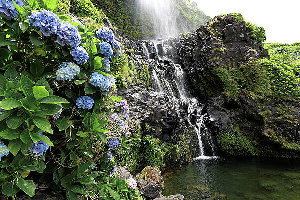 Autumn Wall Art featuring the digital art Waterfall In Azores, Portugal by Gunter Grafenhain