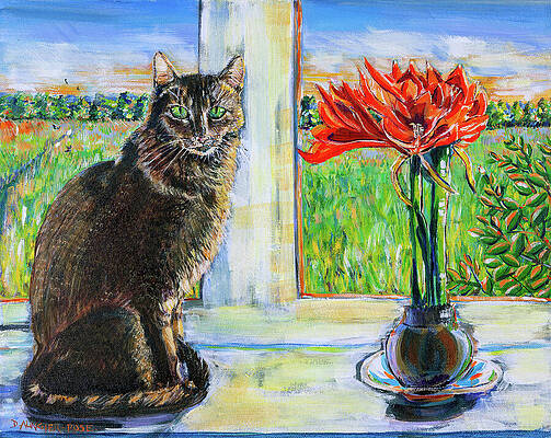 Wall Art featuring the painting Windowsill Cat With Red Amaryllis by Seeables Visual Arts