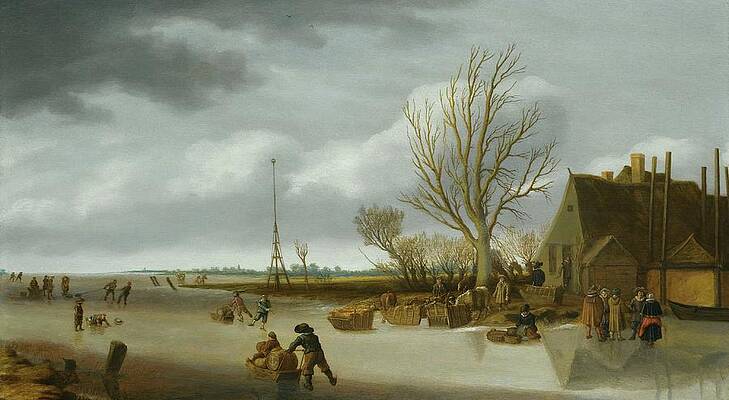 17th Century Painting - Winter Landscape With A Boy On Skates Pushing A Sled by Salomon Van Ruysdael