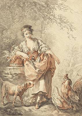 Chicken Painting - Woman Feeding Chickens by Gilles Demarteau The Elder