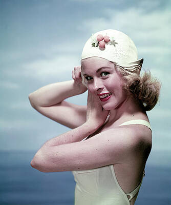 Woman in Vintage Swimsuit and Cap Wall Art