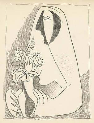 Monochrome Wall Art featuring the painting Woman With A Bouquet In A Vase by Mikul Galanda