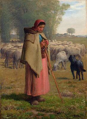 Jean Francois Millet Painting - Young Girl Guarding Her Sheep by Jean-francois Millet