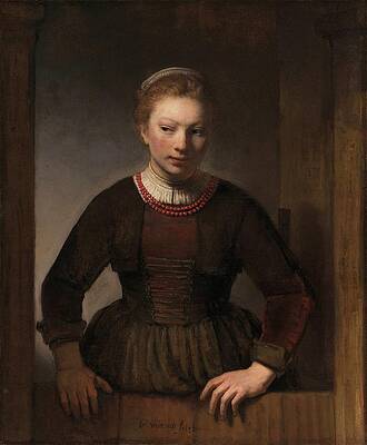 17th Century Painting - Young Woman At An Open Half-door by Rembrandt Van Rijn