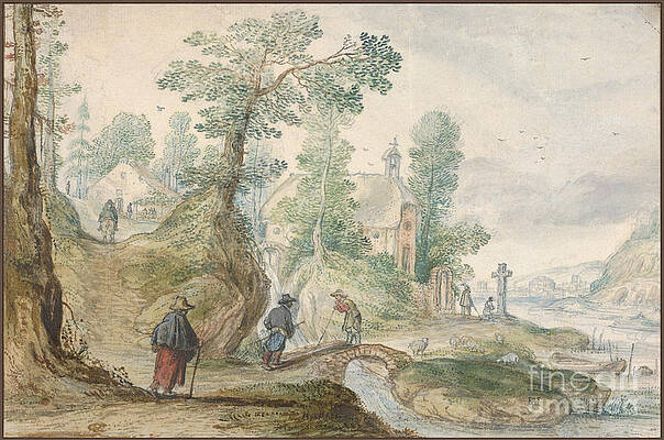 Landscape Digital Art - A Wooded River Landscape With A Church And Figures #4 by Antonios Valamontes