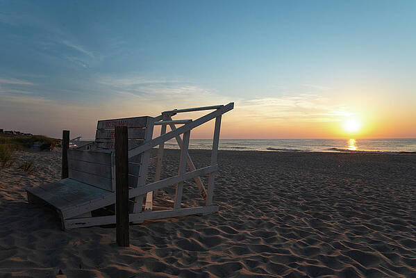 Summer Wall Art featuring the photograph Beach Sunrise With Lifeguard Chair On The Jersey Shore #1 by Matthew DeGrushe