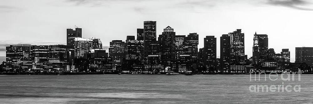 Wall Art featuring the photograph Boston Skyline At Night Black And White Panorama Photo #1 by Paul Velgos