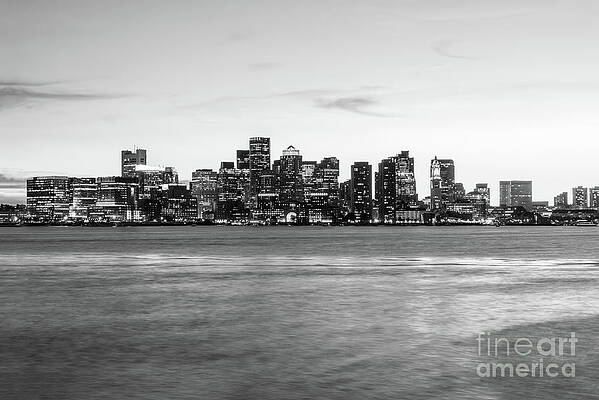 Wall Art featuring the photograph Boston Skyline Cityscape At Night Black And White #1 by Paul Velgos