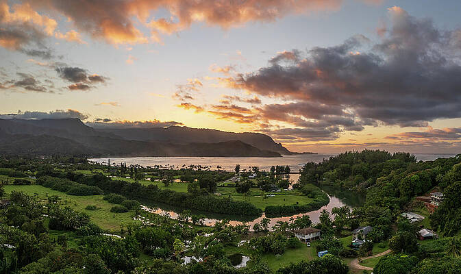 Wall Art featuring the photograph Breathtaking Aerial View Of Sunset Over Hanalei Bay's Verdant La #1 by Steven Heap
