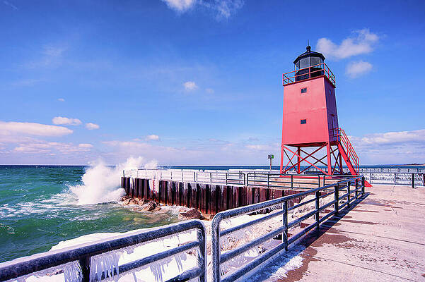 Spring Wall Art featuring the photograph Charlevoix South Pier Light In Winter #1 by Michael Collins