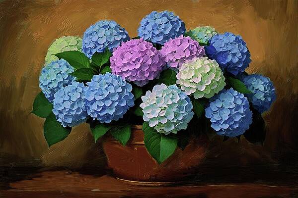 Wall Art featuring the digital art Flower Painting Of Enchanting Hydrangeas In A Vase by Nature Oil Painting
