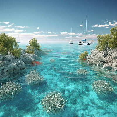 Serene Digital Art - Image Of Coral Reefs In The Calm Turquoise Sea With Yachts And Seagulls by Andre Petrov