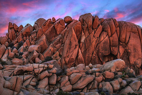 Sunset Photograph - Jumbo Rocks Marble In Pink Sunset - Joshua Tree National Park, California #1 by Abbie Warnock