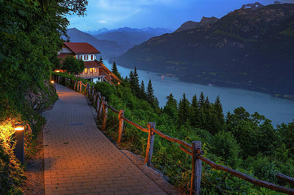Photograph - Lake Brienz And Harder Kulm At Dusk, Switzerland #1 by Miroslav Liska