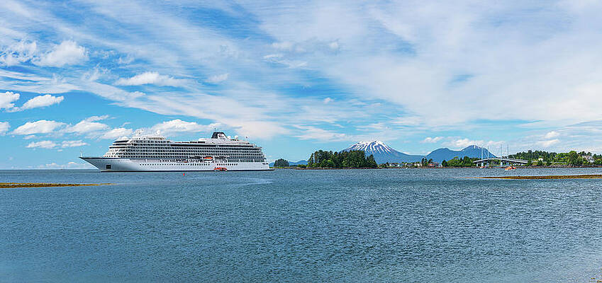 Wall Art featuring the photograph Mt Edgecumbe Rises Above Sitka With Viking Cruise Ship Anchored #1 by Steven Heap