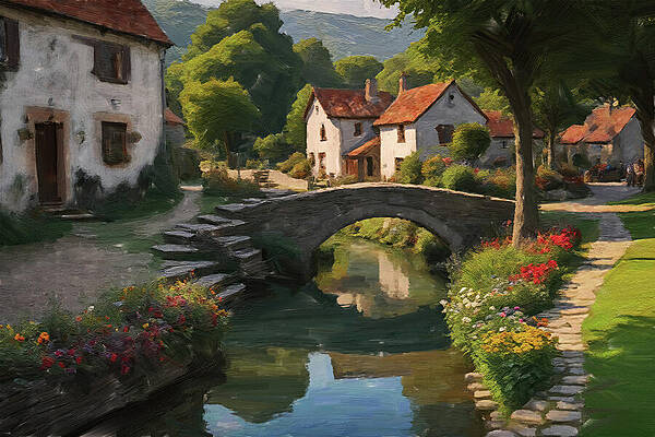 Serene Digital Art - Painting Of A Calm English Stone Bridge by Nature Oil Painting