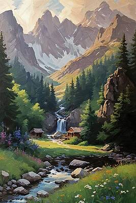 Wall Art featuring the digital art Painting Of A Tranquil Rocky Mountain Waterfalls by Nature Oil Painting