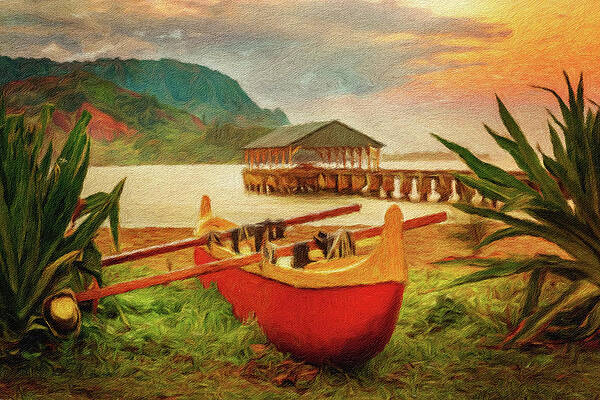 Wall Art featuring the photograph Painting Of Hawaiian Canoe By Hanalei Pier #1 by Steven Heap