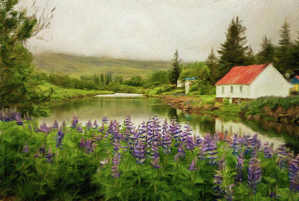 Cottage by the River with Lupines Wall Art