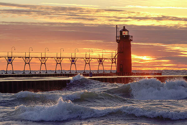 Photograph - South Haven South Pier Light At Sunset #1 by Michael Collins