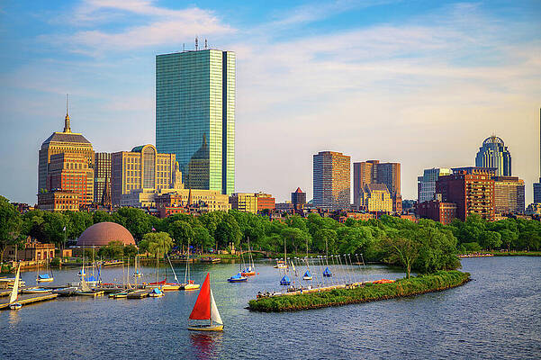 Wall Art featuring the photograph Sunset Over Boston Back Bay Skyline With Sailboats On Charles River #1 by Miroslav Liska