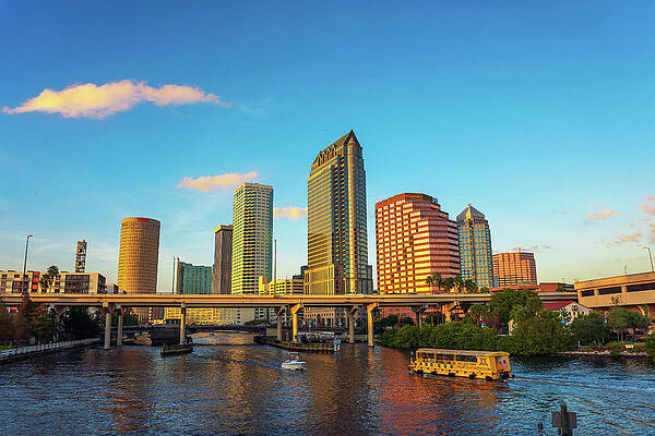 Sunrise Wall Art featuring the photograph Tampa Skyline At Sunset With Tourist Boats On The Hillsborough River #1 by Miroslav Liska