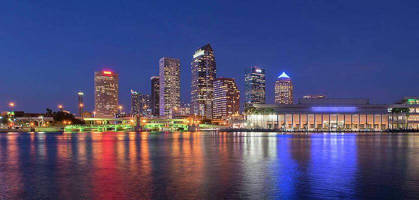 Reflection Photograph - Tampa Skyline City Lights #1 by Michael Warren