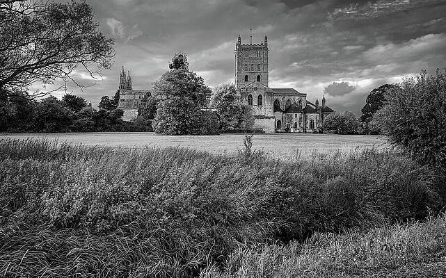 Historic Abbey in Black and White Photograph