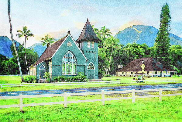 Wall Art featuring the photograph Waioli Huiia Church Stands In Hanalei, Kauai In Watercolor #1 by Steven Heap