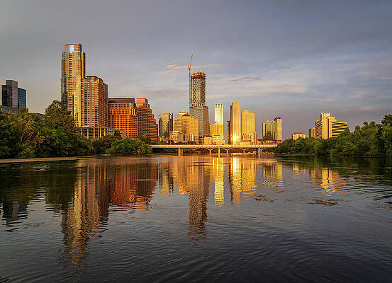 Modern Wall Art featuring the photograph Waterline Dominates City Skyline Of Austin Texas At Sunset In 20 #1 by Steven Heap