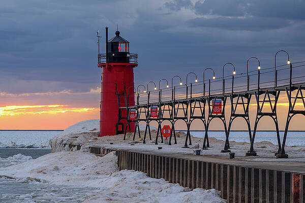 History Photograph - Winter Sunset At The South Haven South Pier Light #1 by Michael Collins