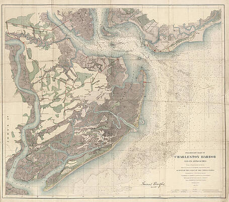 Vintage Drawing - 1858 Charleston Harbor Natuical Map by Dan Sproul