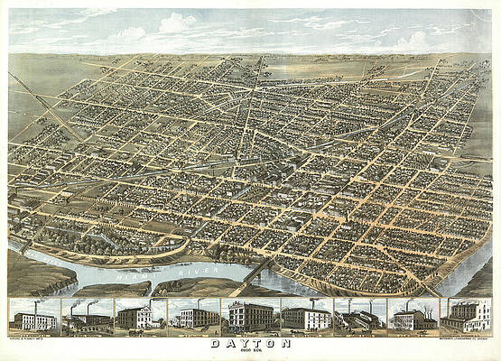 Vintage Drawing - 1870 Dayton Ohio Restored Vintage Map by Dan Sproul
