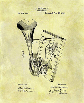 Vintage Drawing - 1895 Gramophone Patent Vintage Paper by Dan Sproul