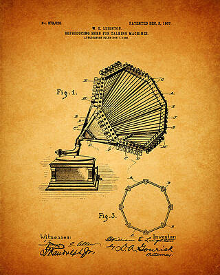 Vintage Drawing - 1907 Vintage Gramophone Patent by Dan Sproul
