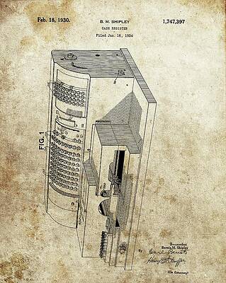 Vintage Drawing - 1930 Cash Register Patent by Dan Sproul