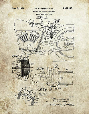 Vintage Drawing - 1934 Motorcycle Saddle Patent by Dan Sproul
