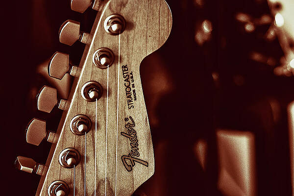 Photograph - 1989 Fender Stratocaster Plus PL Head Stock In Sepia by Charnwood Photography Fine Art