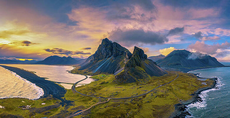 Wall Art featuring the photograph Aerial View Of The Eystrahorn With Krossanesfjall Mountain In Iceland At Sunset #2 by Miroslav Liska