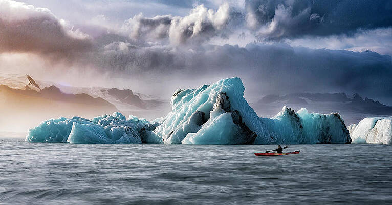 Ice Photograph - Iceberg Sunset With Kayak by Dee Potter