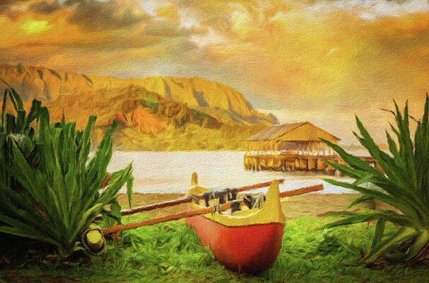 Wall Art featuring the photograph Painting Of Hawaiian Canoe By Hanalei Pier #2 by Steven Heap