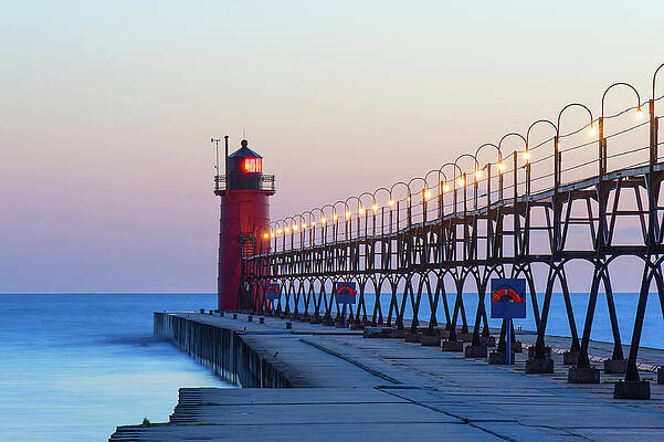 Red Lighthouse at Sunset Wall Art