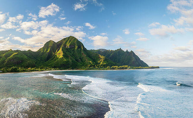 Wall Art featuring the photograph Aerial View Of Tunnels Beach At Sunset In Kauai, Hawaii, With St #3 by Steven Heap