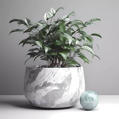 Serene Digital Art - 3D Render Of A Green Plant In Marble Pot No 2 by Andre Petrov