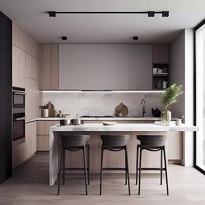 Design Wall Art featuring the digital art 3D Render Of A Minimalist Kitchen Design No 2 by Andre Petrov