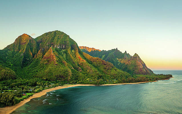 Wall Art featuring the photograph Aerial Drone Shot Of Tunnels Beach At Sunrise On Kauai In Hawaii #4 by Steven Heap