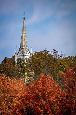 Sky Photograph - Church Steeple In Lanesboro Amongst Autumn Foliage_7546 by Linda Triplett
