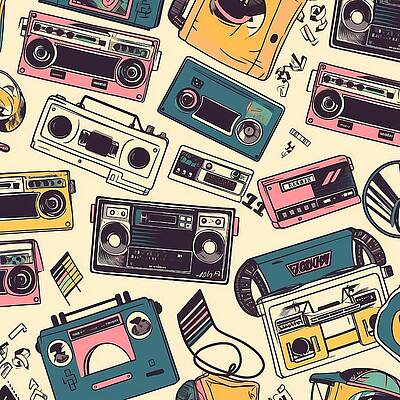 Abstract Wall Art featuring the digital art 80s Retro Pattern With Abstract Cassette Tapes And Boomboxes by Andre Petrov